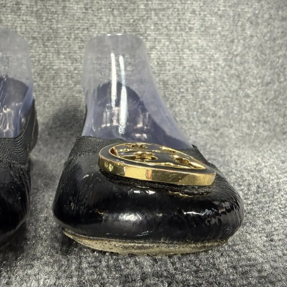 Tory Burch Caroline Ballet Flats Womens 7 Black Patent Leather Gold Medallion